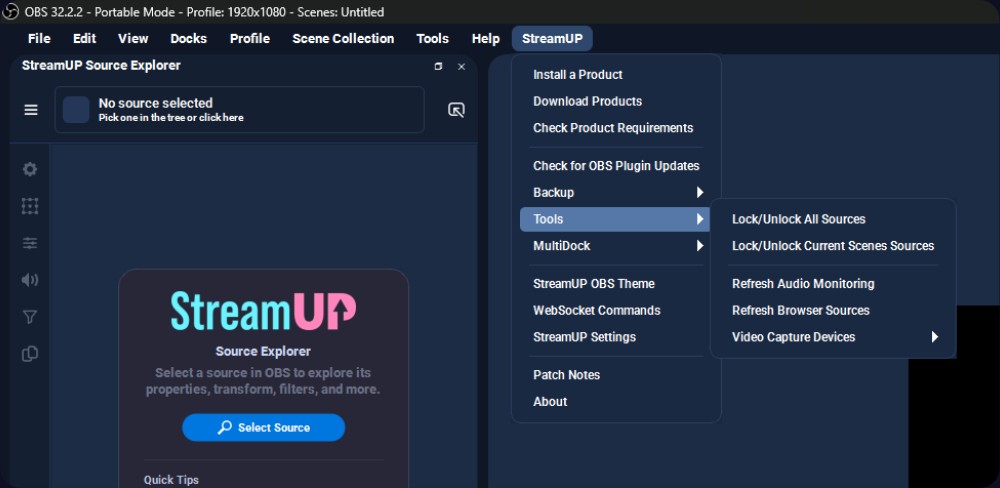 The StreamUP menu open in OBS, showing product install, plugin update checks, backup, tools, MultiDock, the theme, WebSocket commands and settings