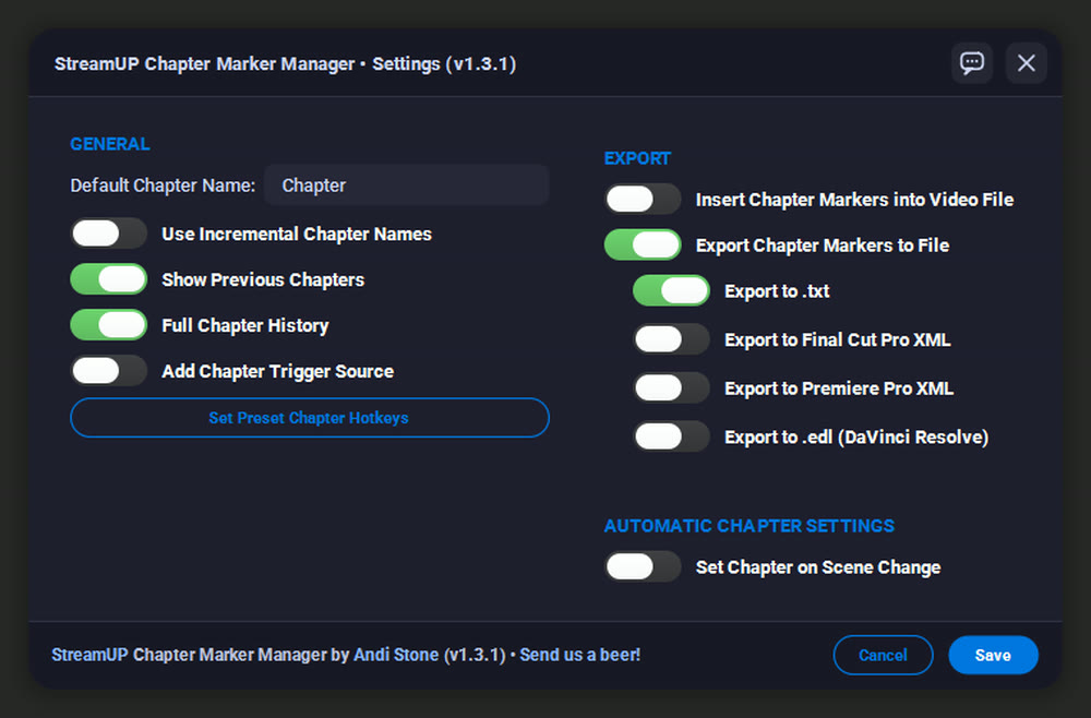 Choose your export formats once and every recording writes them.