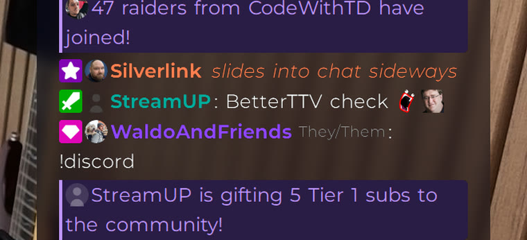A raid and a gift sub, highlighted as they land.