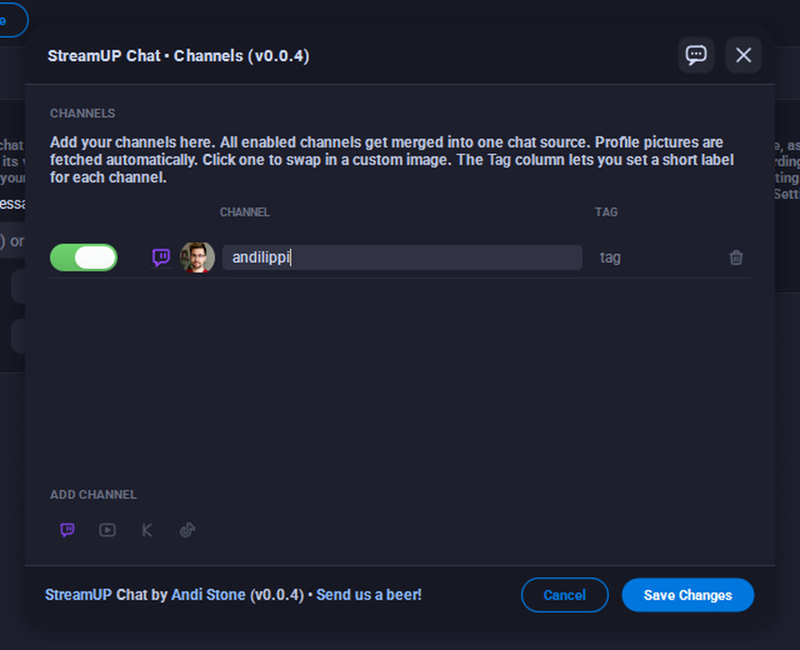 Channels. Add as many as you like and they merge into one chat.