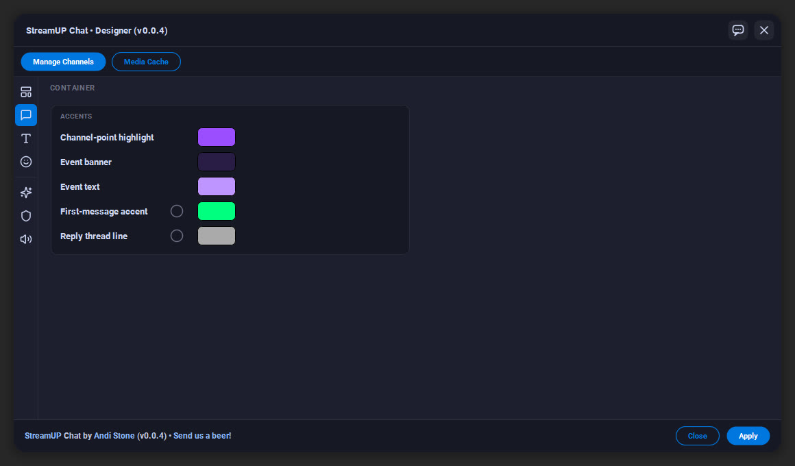 Container. The colours behind events, highlights and first messages.