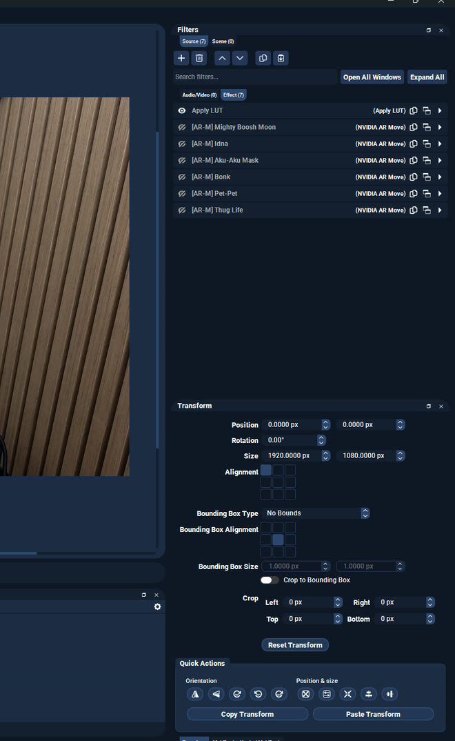 Filters and Transform living down the right of OBS, where the rest of your docks are.