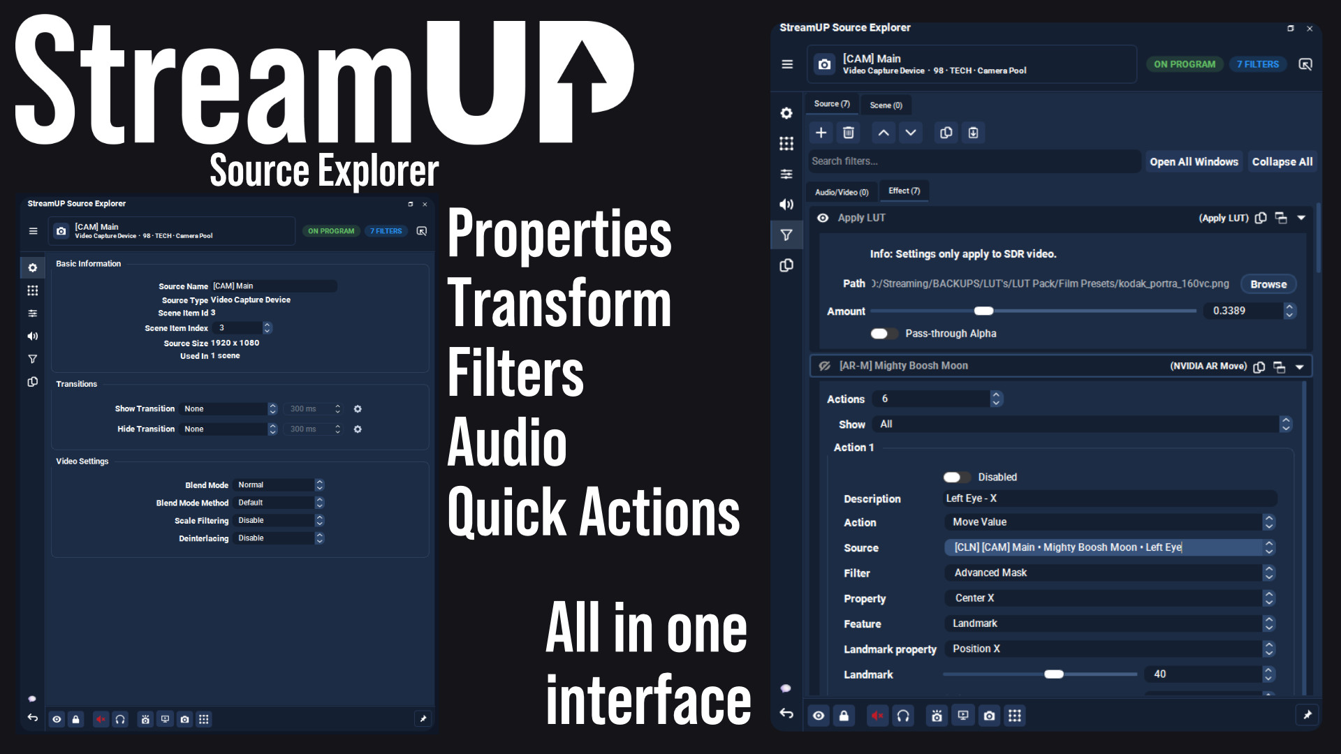 Properties, transform, filters, audio and quick actions, all in the one dock.