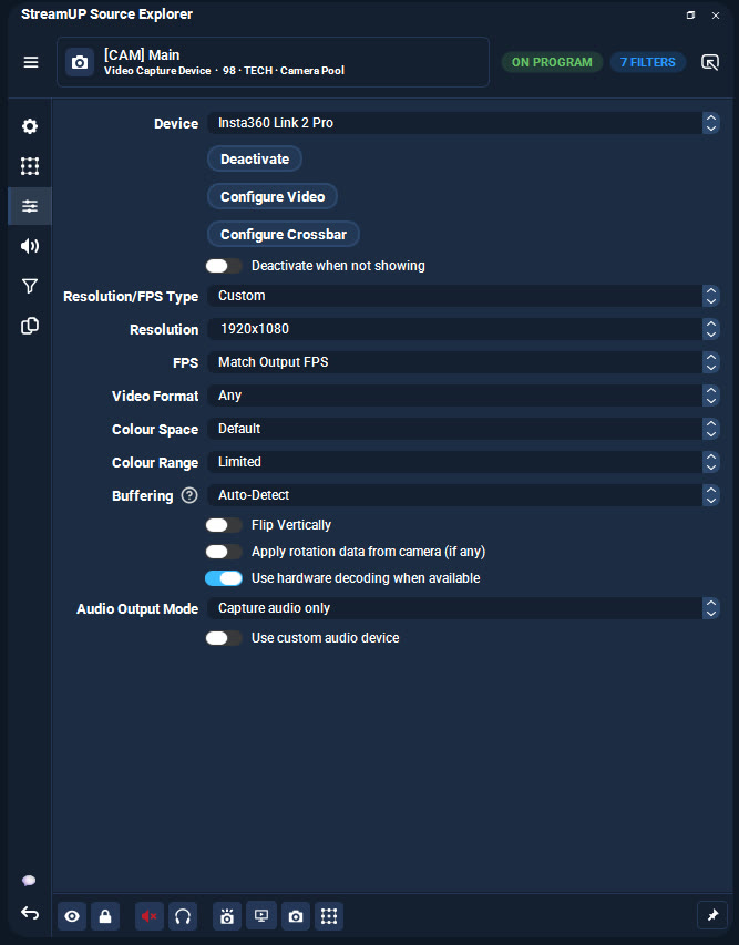 Properties. The source's own settings, like the camera and its resolution.