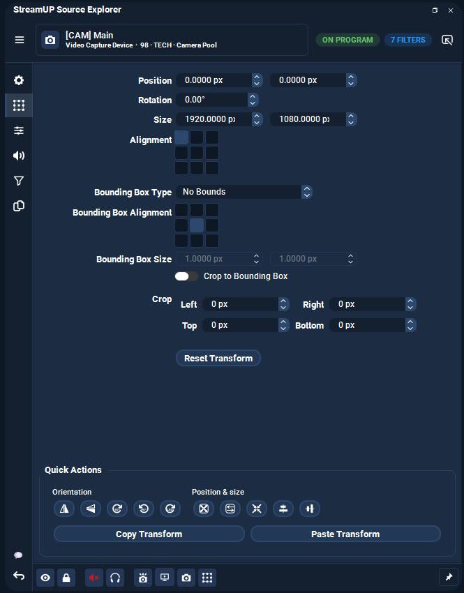 Transform. Position, size, crop, and one-click flip, rotate and centre.