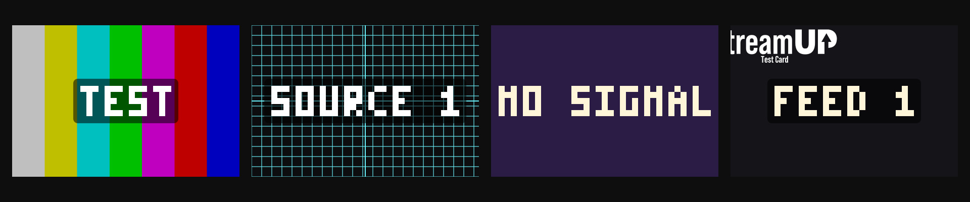 Colour bars, grid and crosshair, solid colour, and a background image.