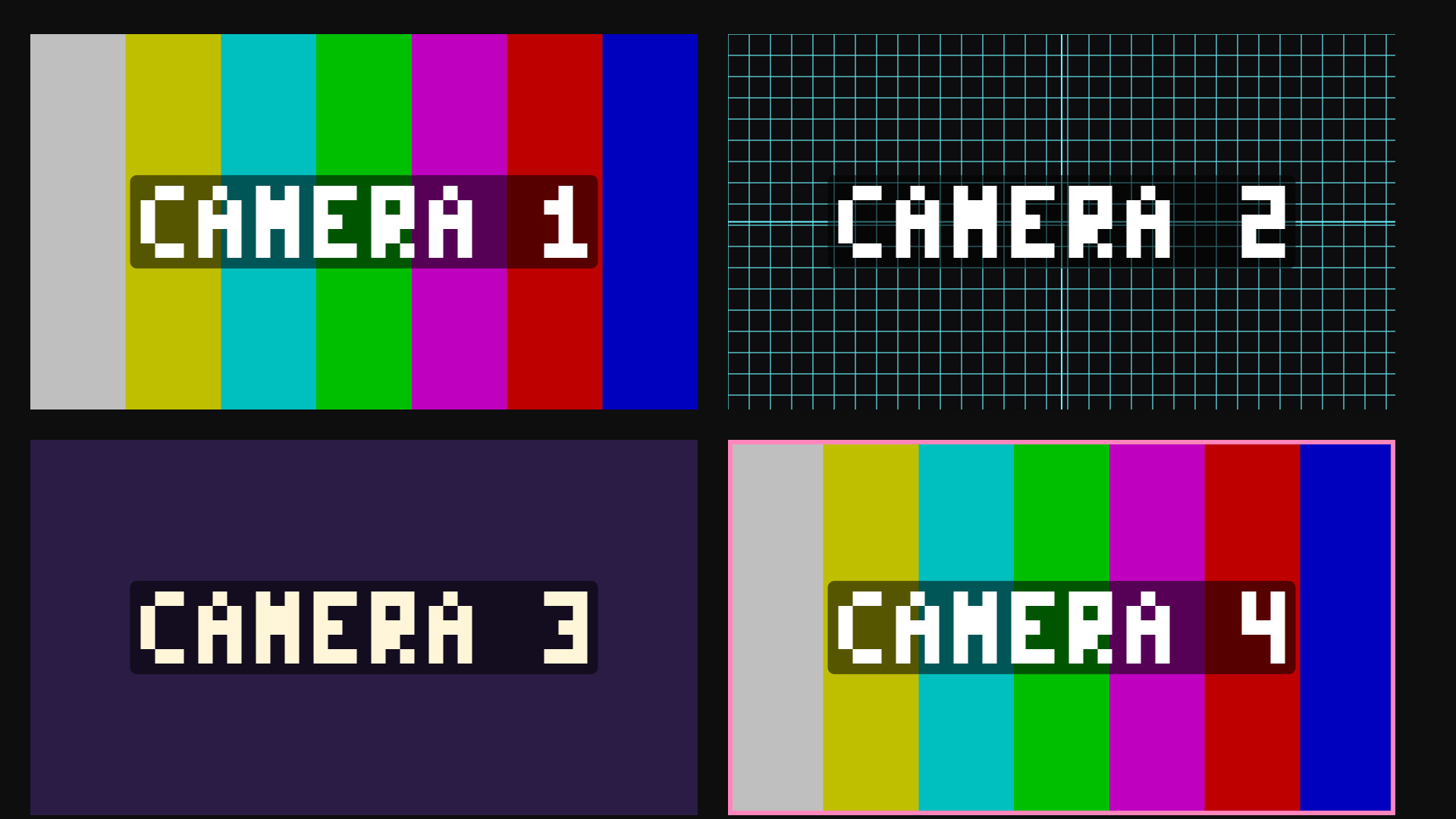Four dummy cameras: colour bars, an alignment grid, a flat colour and a bordered card.